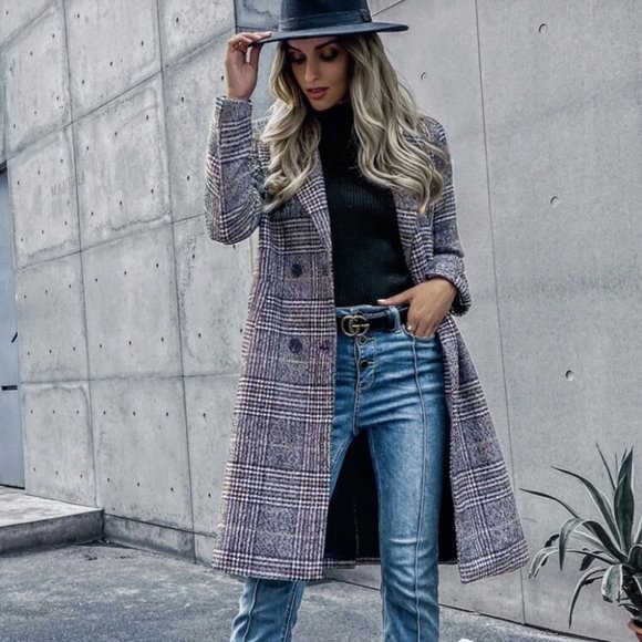 plaid double breasted pea coat winter jacket gray - Picture 3 of 4